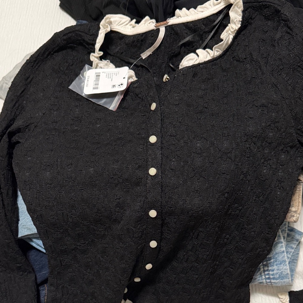 Free People Elegant Black Lace Button-Up Top